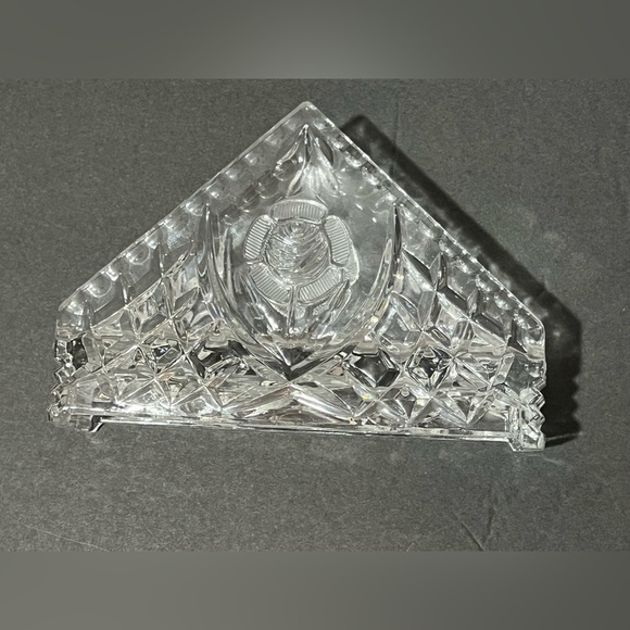 Vintage Crystal Triangle Napkin Holder Rose & Waffle Pattern Crimped Edge Design - Picture 1 of 12